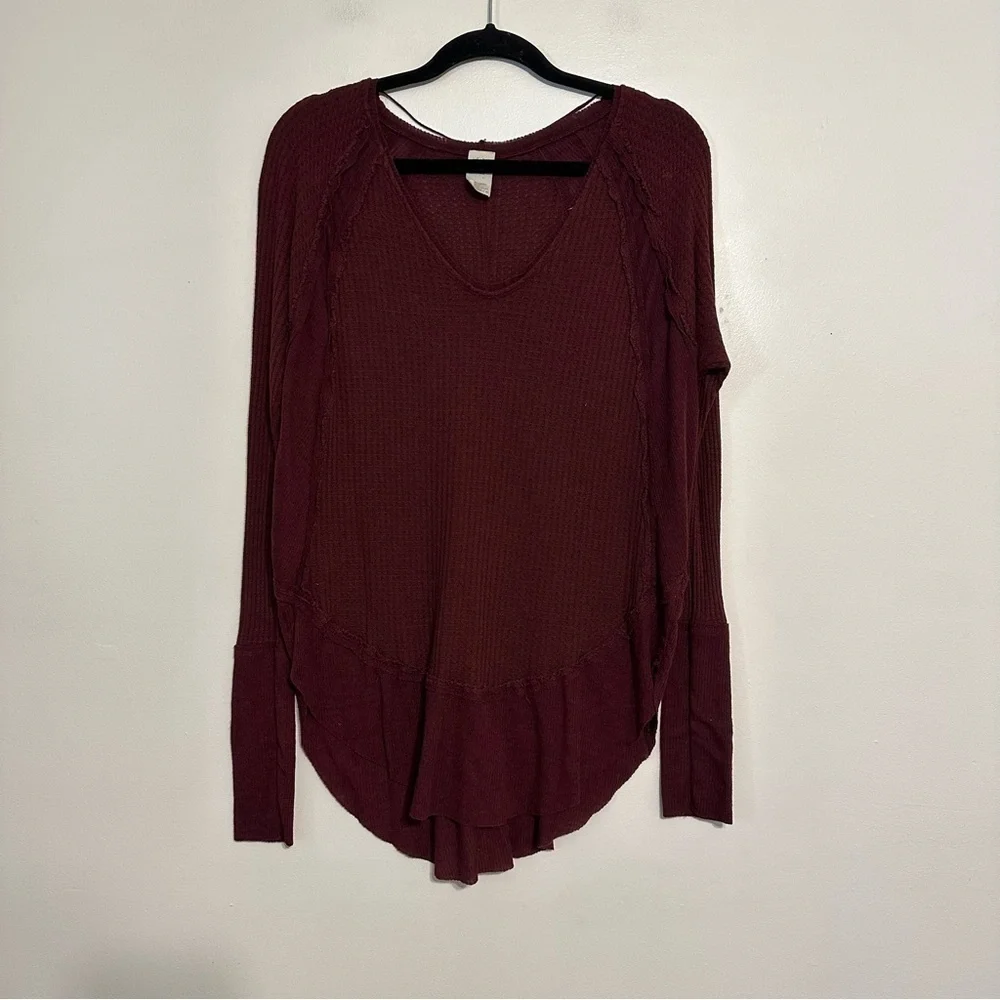 Free People Catalina Waffle Knit Thermal Top in Wine Burgundy Size Small